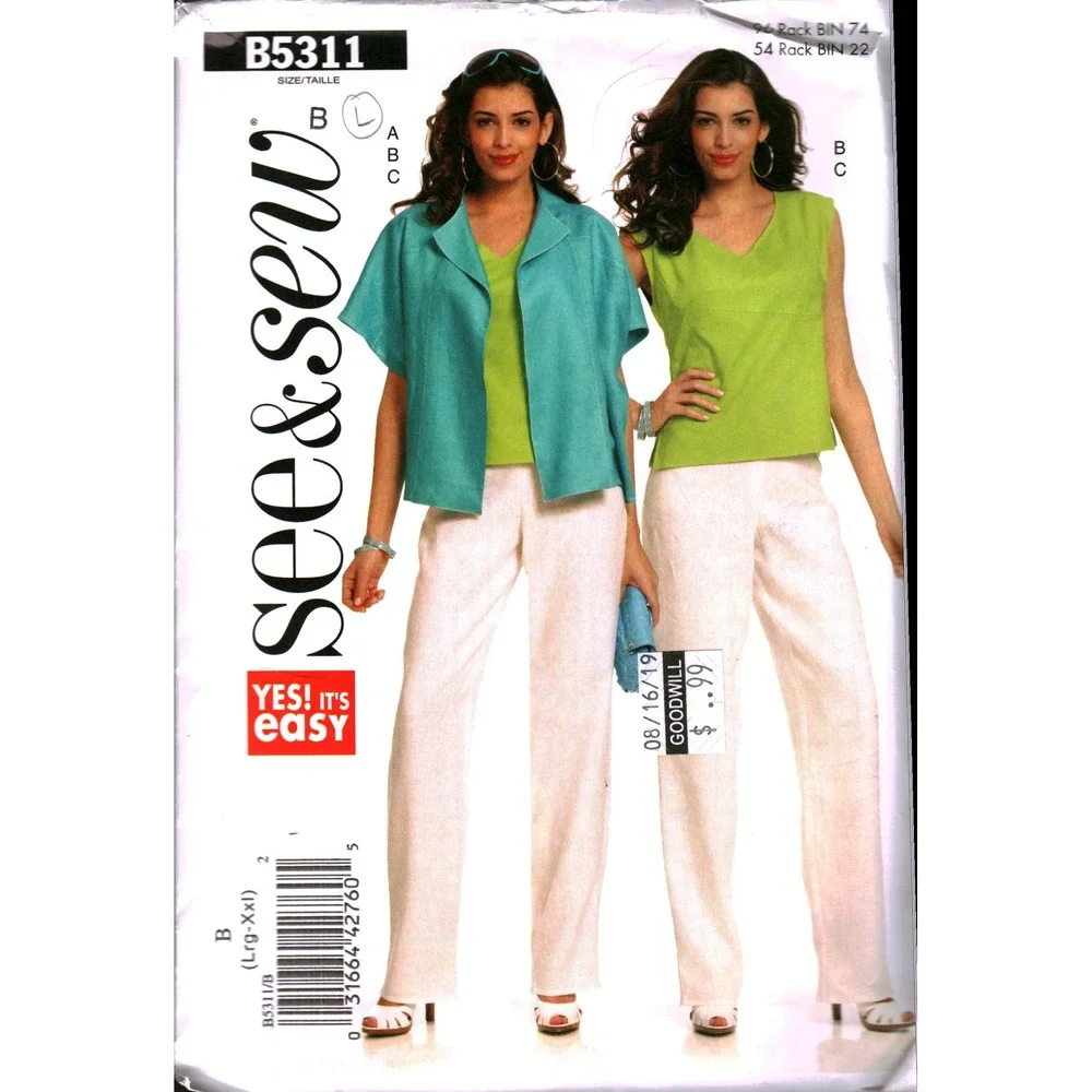 See‎ & Sew B5311 Sewing Pattern Misses Jacket Top Pants Size Large Easy CUT